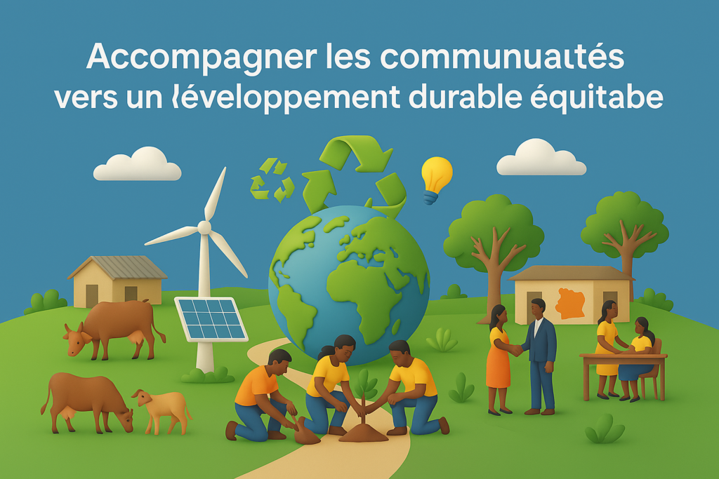 Développement durable en Côte d'Ivoire : paysage verdoyant avec élevage, infrastructures sociales et initiatives économiques pour les communautés impactées